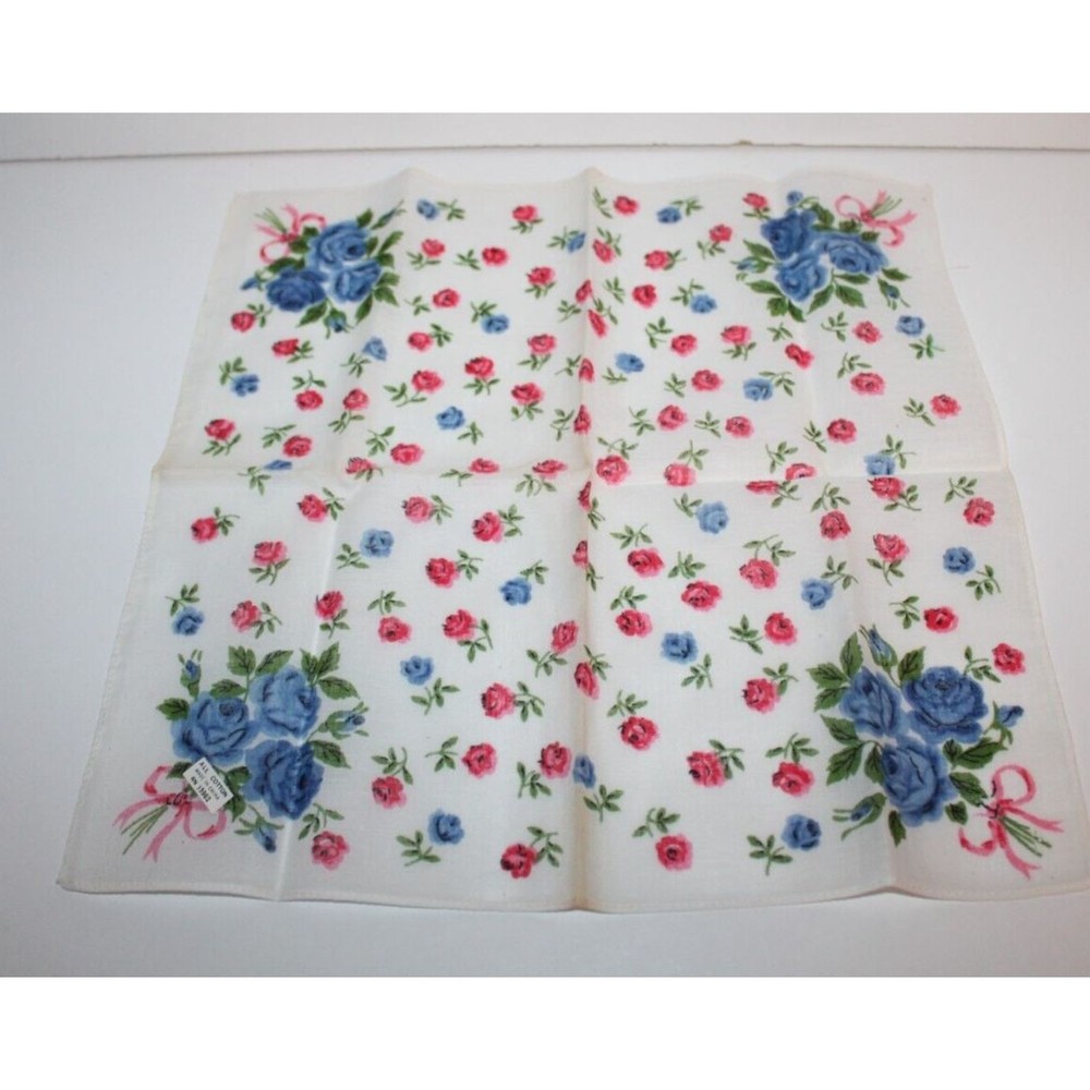 VTG Linens Handkerchief Roses Floral Pattern Rare Blue Rose w Pink Ribbon MCM